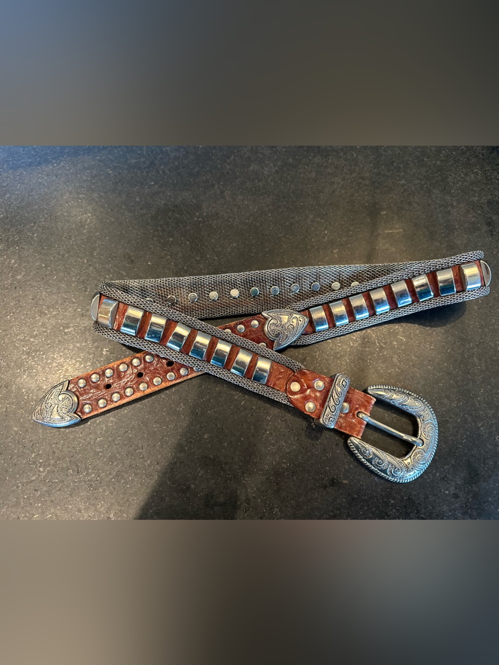 Women's Brown Leather Studded Belt with Decorative Silver Buckle